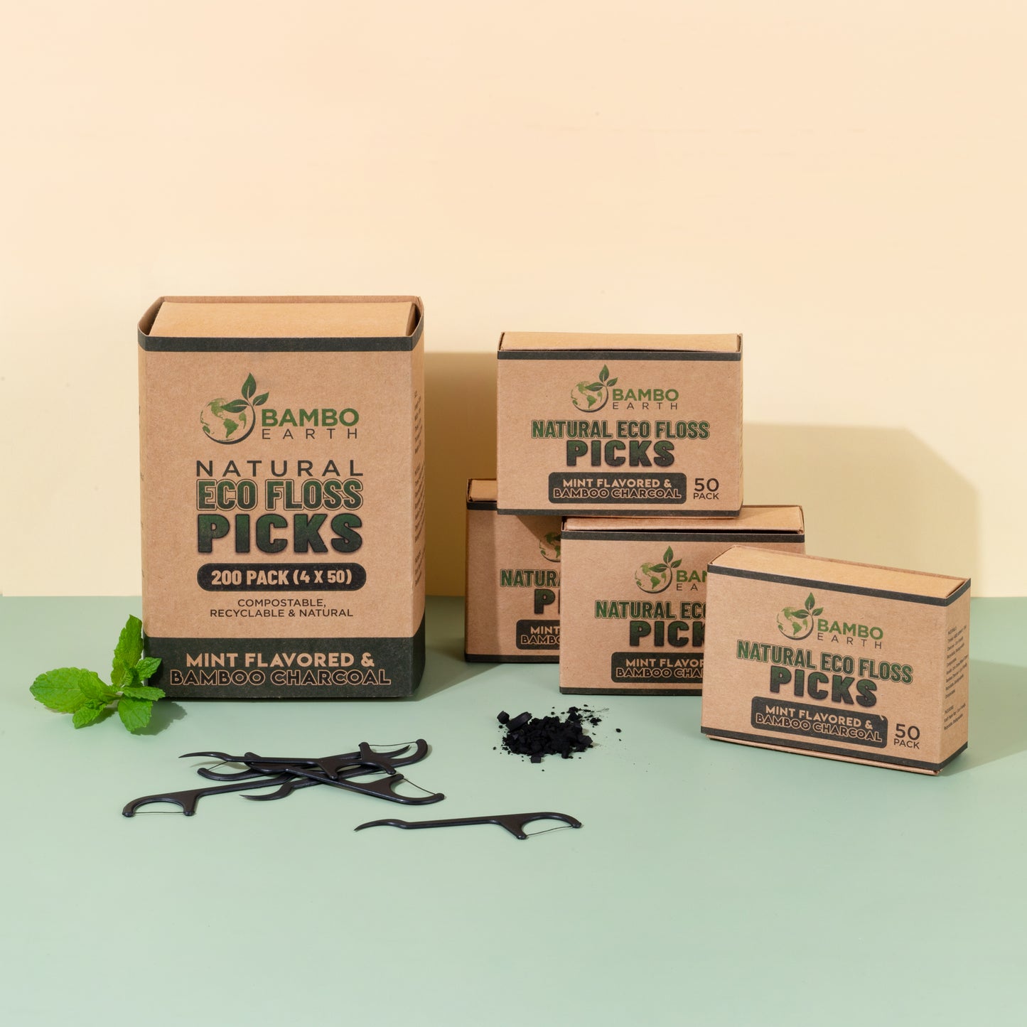 Natural Floss Picks 200 Pack (Charcoal & Mint)